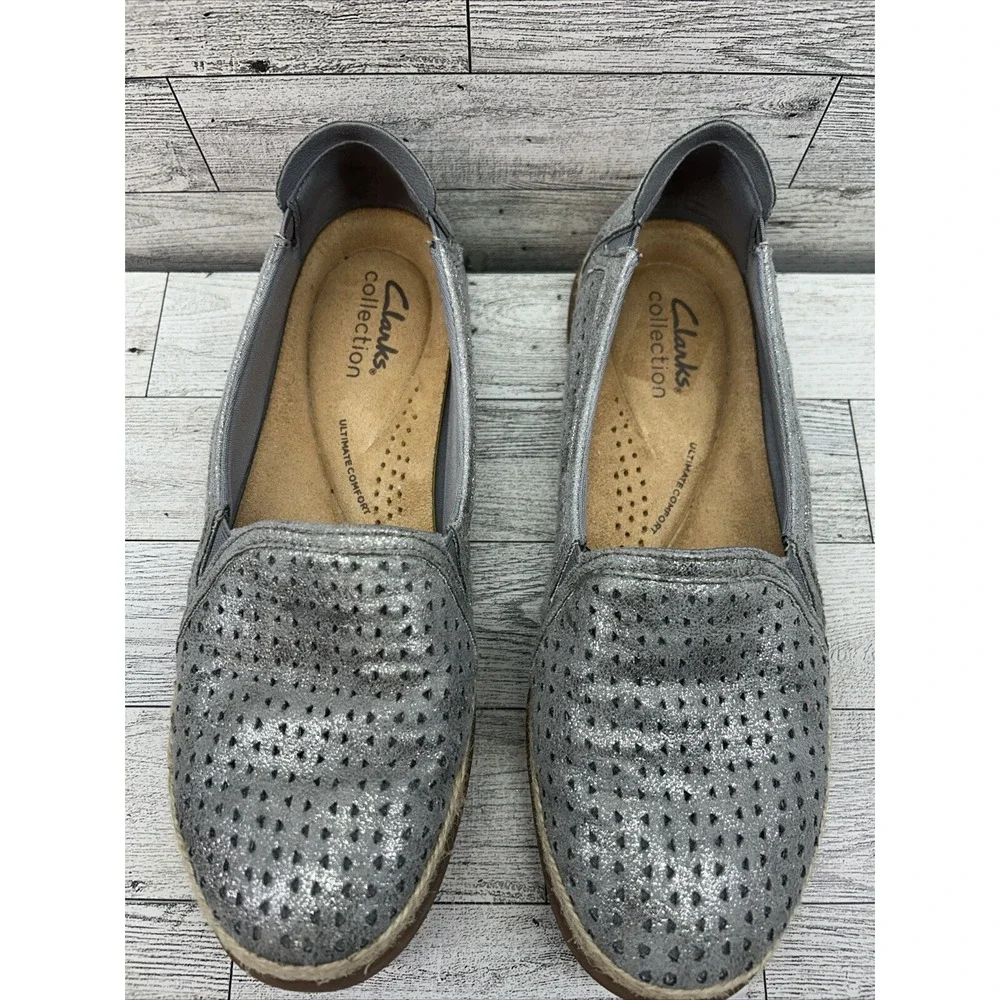 Women's Clarks Elaina Ruby Slip-On Leather Espadrille Shoes Silver Pewter Sz 6.5
